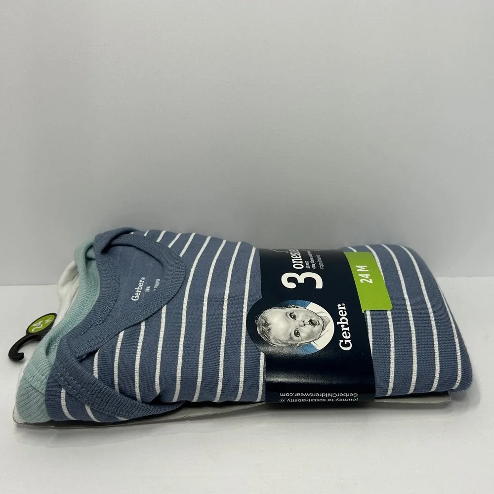 Gerber 3‎ Pack Blue White Striped Onesies Bodysuits 24M New 100% Cotton